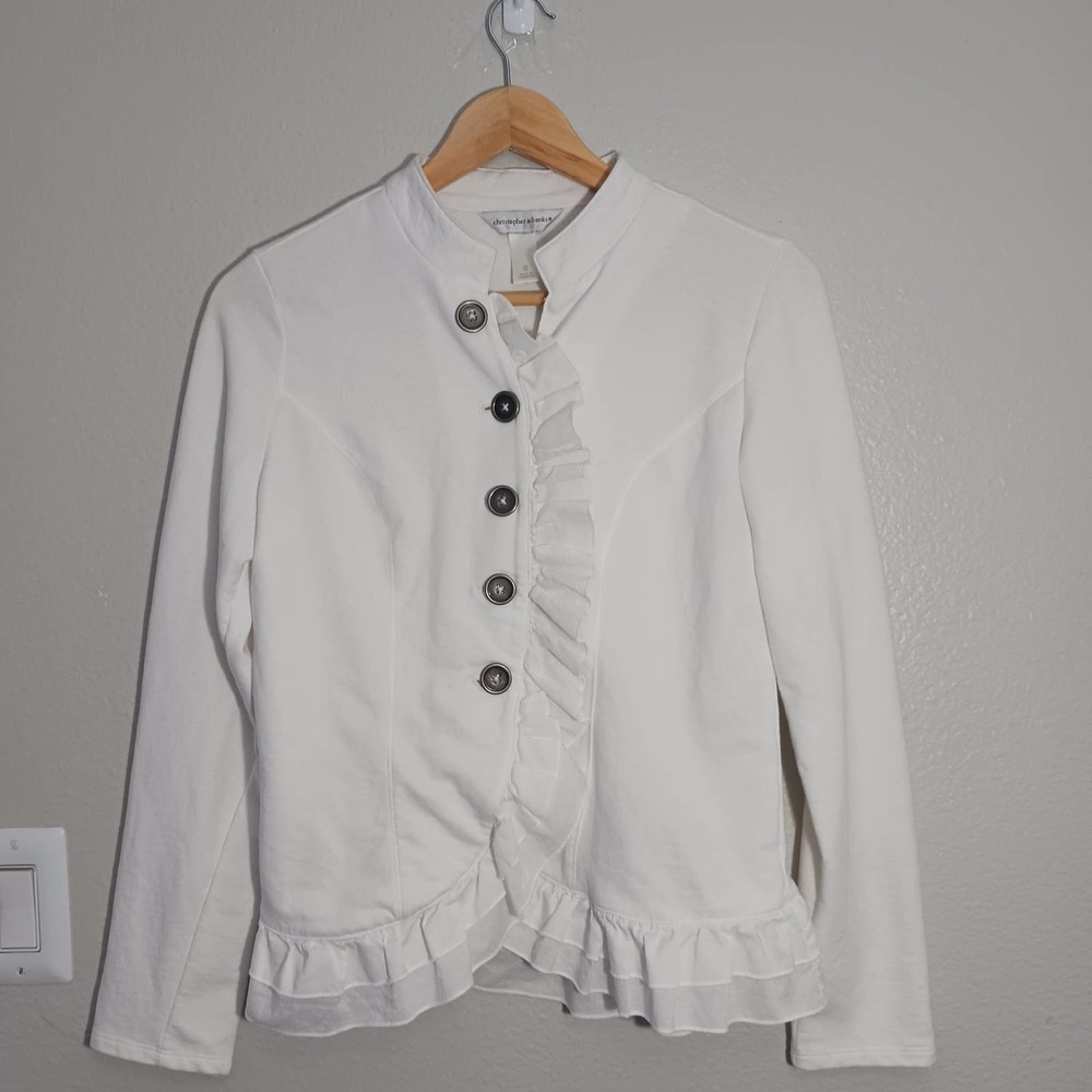 Christopher & Banks Stretch Ruffle Button Down White Silver Siz S Sweater Blazer